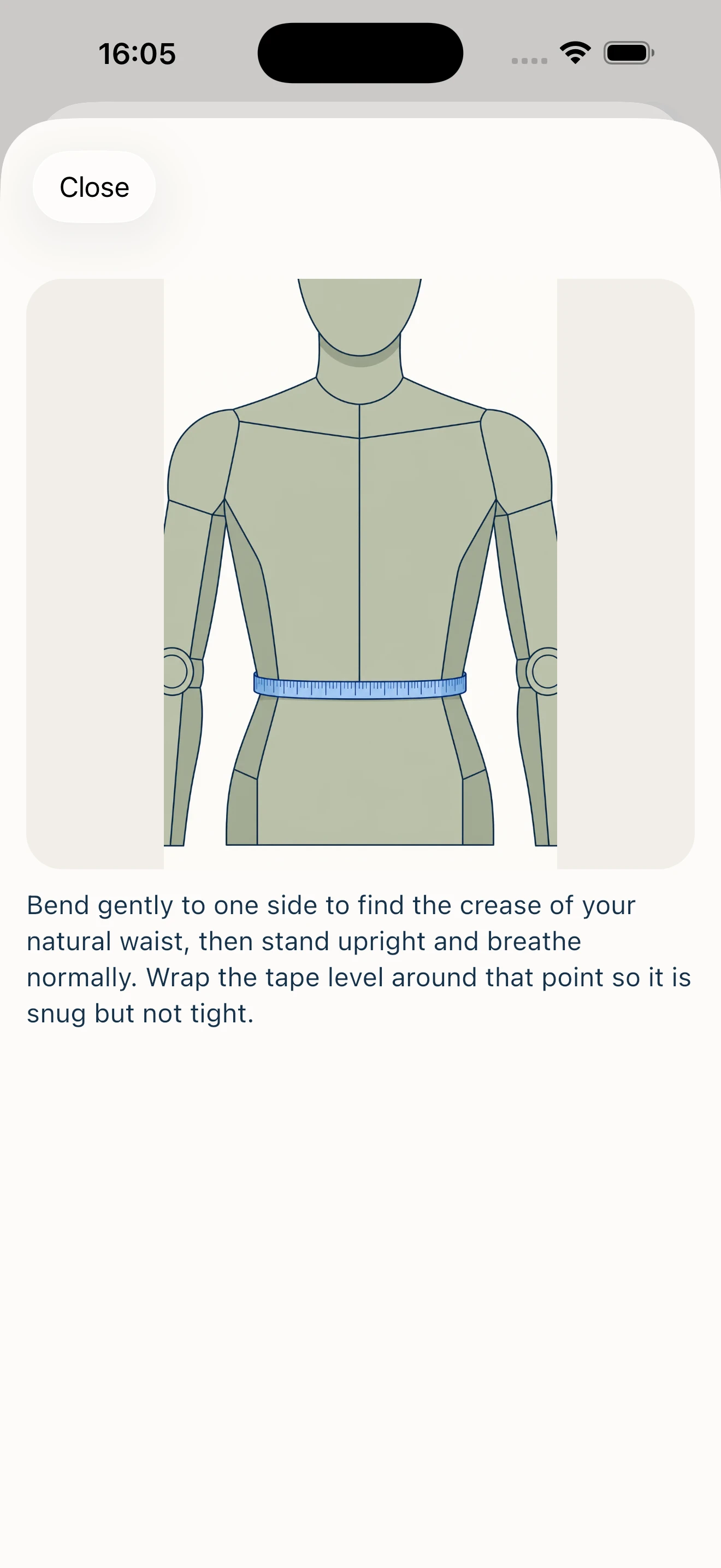 Sipo waist measurement guide showing a mannequin with the tape path highlighted around the waist